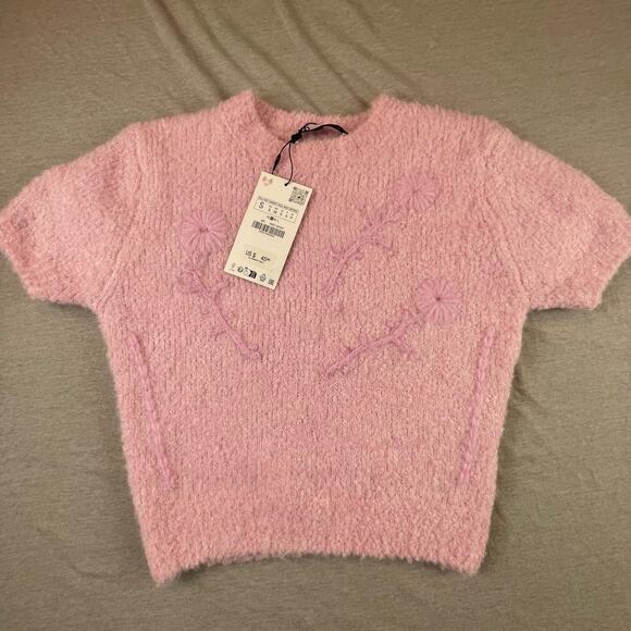 New Zara Alpaca Wool Blend Crop Pink Embroidered Sweater S Small - Picture 2 of 9